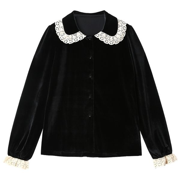 

vintage spring new arrivals women's velour blouse black lace peter pan collar long sleeve ladies shirt french romance 201028, White