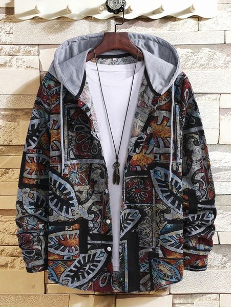 

men plants print drawstring hooded shirt without tee k01x#, White;black