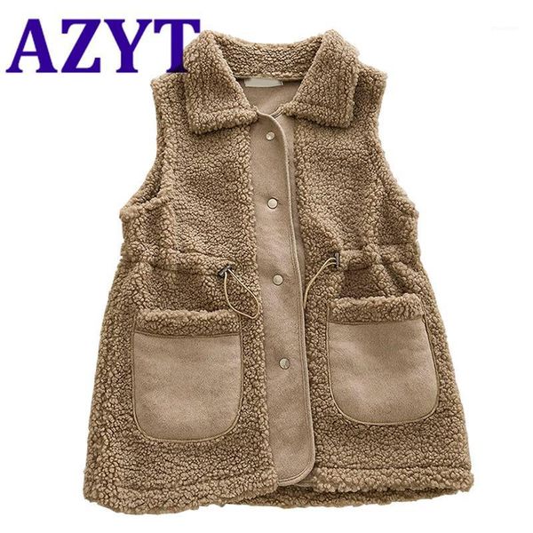 

azyt women winter warm vest coat lambswool thicken winter sleeveless jacket female drawstring slim chic waistcoat women 2021 new1, Black;white