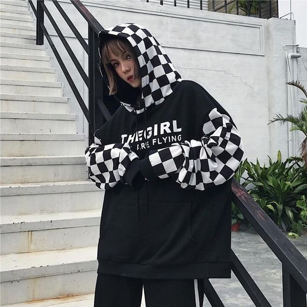 

autumn new harajuku winte korea ulzzang street fashion loose plaid stitching letters printed casual hooded chic sweatshirt, Black