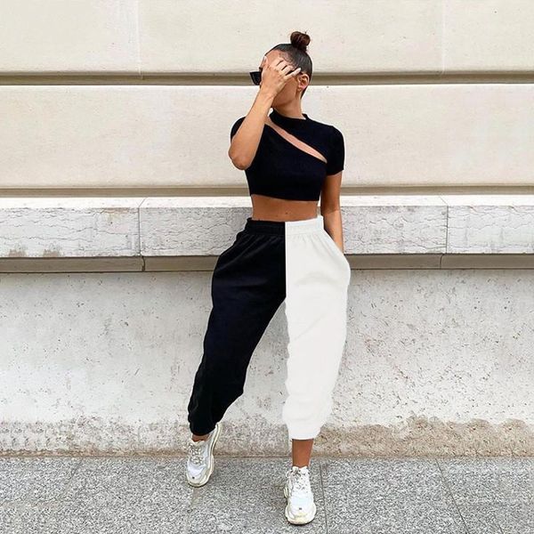 

mujer 2019 loose pure patchwork active pant autumn winter loose casual pants women street leisure hip-hop punk harem pants1, Black;white