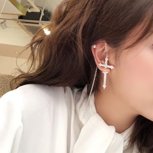 

stud s925 silver studs micro mosaic cz crystals cross earrings original creative single punk style tassel chain for women, Golden;silver