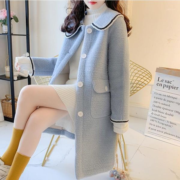 

autumn and winter mink coat women's middle long winter woolen coat1, Black