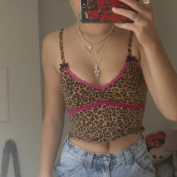 

dossni women leopard printed y2k summer sleeveless cropped vest backless skinny aesthetic pink lace trim tank, White
