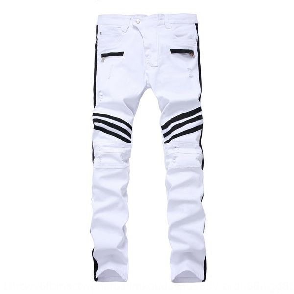 

новая высокая улицы и джинсов мужской случайная белых шить упругие джинсы тенденция ветхих тонких ног штанов молодых людей aimwt, Blue