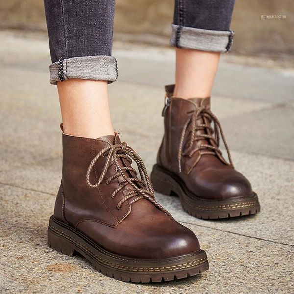 

boots lace up women genuine leather shoes winter ankle woman working platform women1, Black