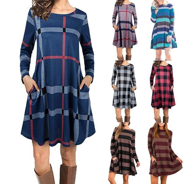 

autumn spring women ladies one piece dress crew neck long sleeve colorful printing big hem warm skirt suit kobieta sukienka, Black;gray