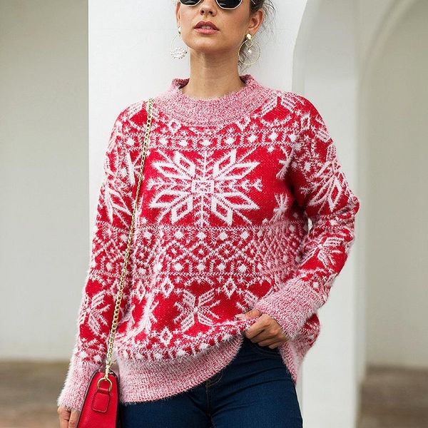 

2020 autumn and winter new fashion christmas snowflake long-sleeved pullover women, White;black