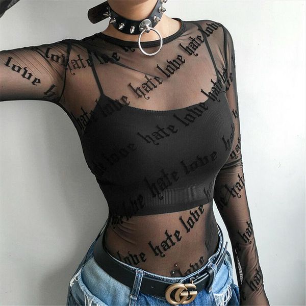 

women lace mesh sheer t shirts see through black perspective see through o neck long sleeve slim t shirt, White