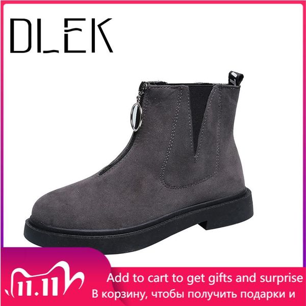 

boots women 2021 female shoes front zipper flock upper plush /mesh lining black grey leisure all-match flat cool