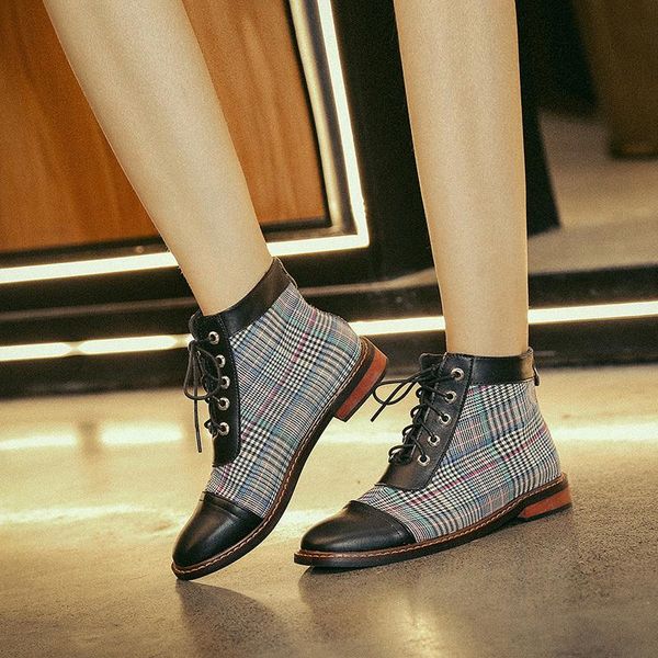 

boots mid heel stripe lattice women's ankle autumn winter lace up flat women shoes round toe zipper female short, Black