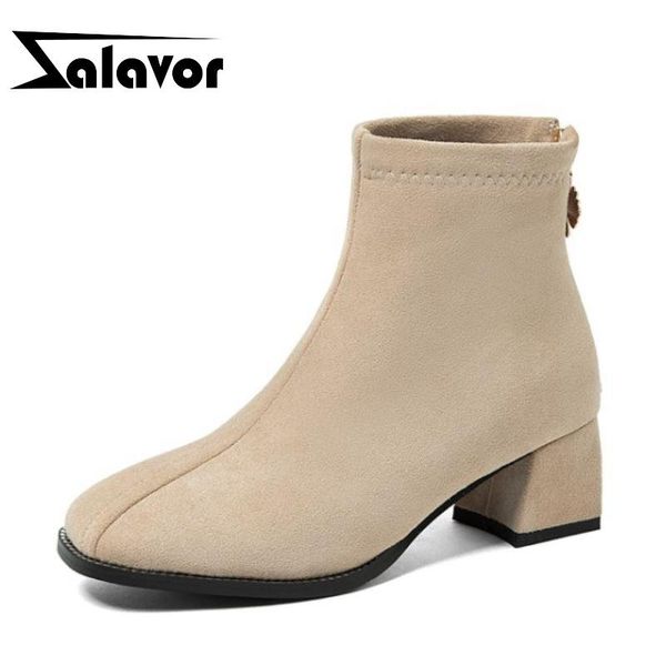 

zalavor size 33-43 women ankle boots thick heel zipper flock shoes pointed toe warm boots women fashion office footwear, Black