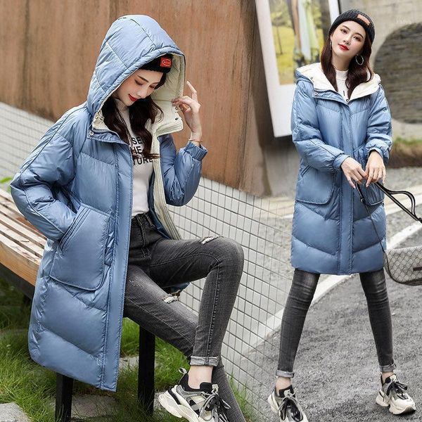 

fnoce 2020 winter new women's down jackets young fashion casaul solid long sleeve hooede zipper slim long down parka coat jacket1, Black