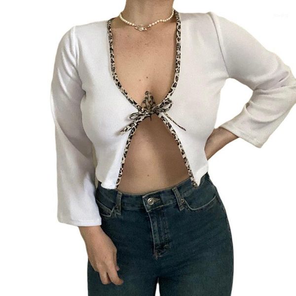 

retro leopard patchwork lace up short cardigan women long sleeve v neck slim holiday club fashion casual crop t-shirts1, White
