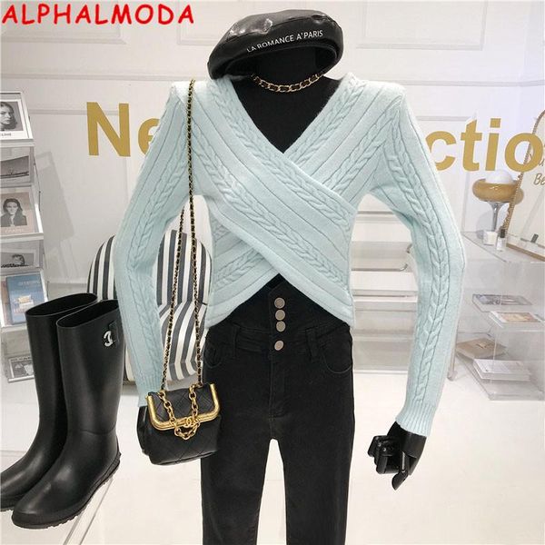 

alphalmoda 2021 spring winter new criss-cross design sweater v-neck twisted sweet solid slim jumper women trendy knit outfit, White;black