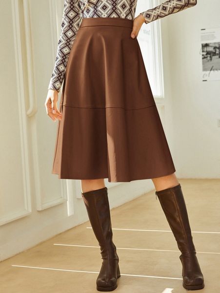 

zipper up placket pu leather skirt s9hc#, Black