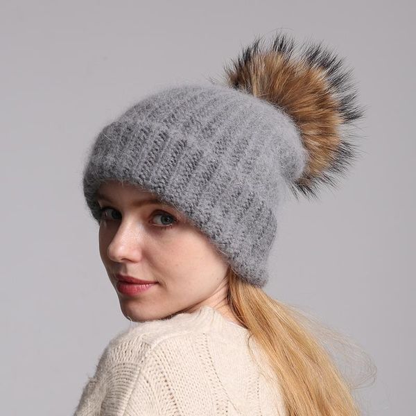 

beanie/skull caps 70% angola fur knitted hat with real pom skullie beanies winter for women girl 's female ski cap, Blue;gray