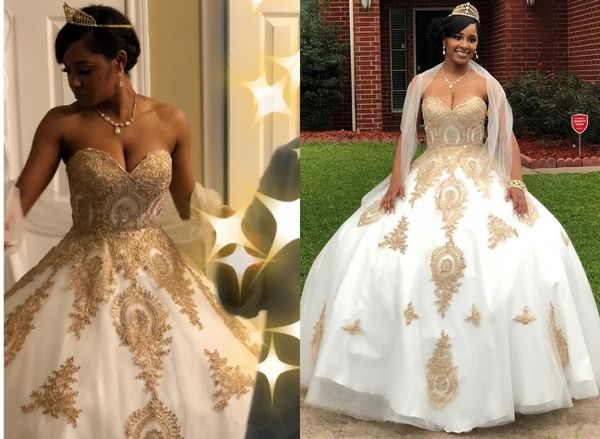 

charming gold embellished wedding dresses bridal gown african designer sweetheart organza lace applique corset wedding reception dress, White