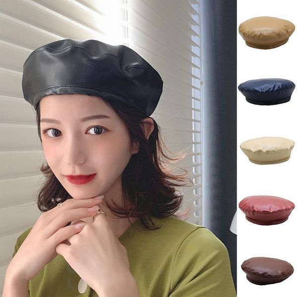 

2020 pu leather beret hat for girls new women's hat retro female beanie caps french painter berets casual flat autumn winter1, Blue;gray