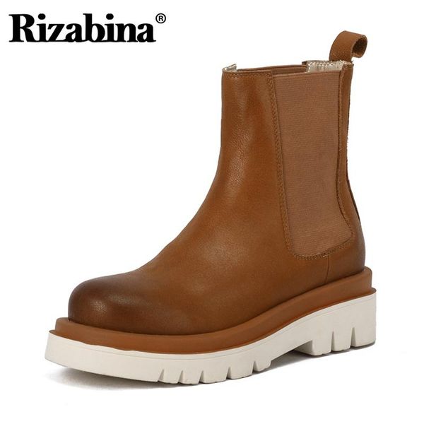

rizabina women mid calf boots real leather thick bottom winter shoes women fashion cool short boots footwear size 35-40, Black