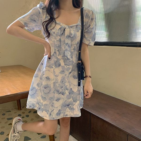

lynht 2020 summer design korean feeling new lace up slim body platycodon flower versatile blue skirt dress dress women ts1th, Black;gray