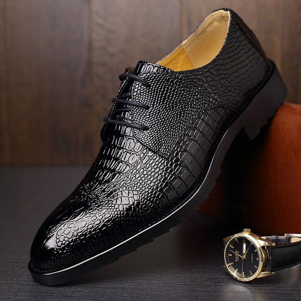 

dress shoes men's crocodile leather lace-up wedding party mens business formal office oxfords flats casual shoe, Black
