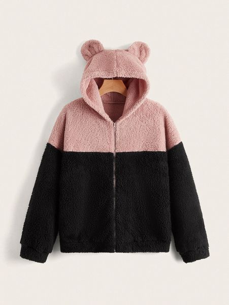 

1pc colorblock 3d ear hooded zip up teddy jacket h6c8#, Black;brown