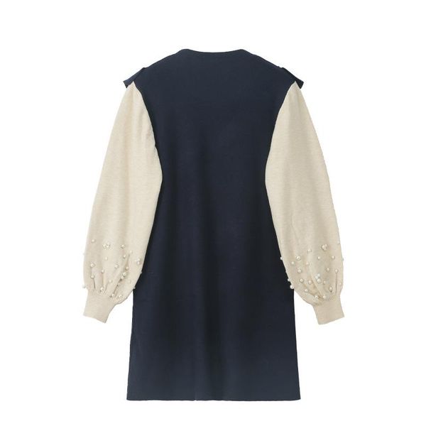 

hihg quality sweater elegant dress ruffles beading women knitted dresses long sleeve a-line casual office lady vestido feminino, Black;gray