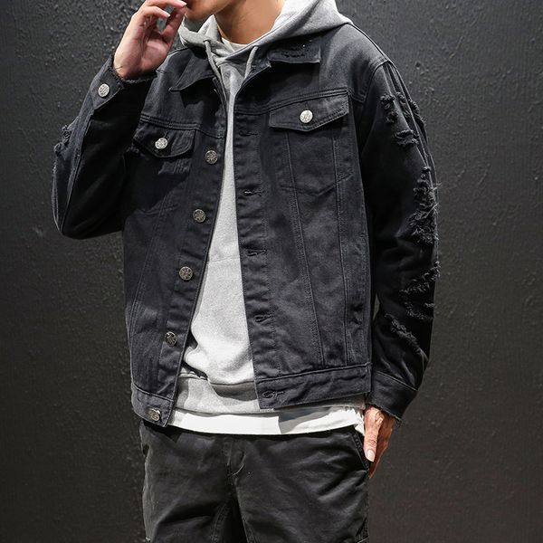 

2021 spring autumn new men's jeans black quality cotton fine hole big size denim jacket 776e, Black;brown