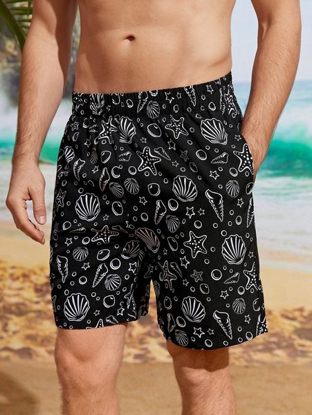 

men starfish & scallop print shorts a4ms#, Black