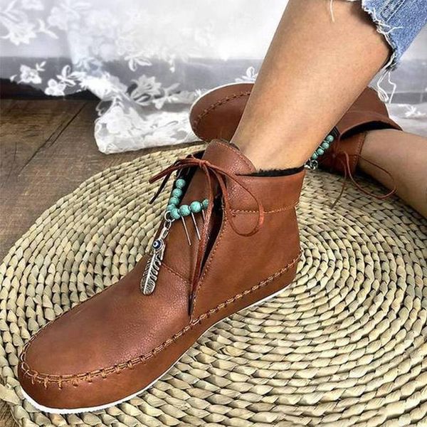 

women autumn ankle boots plus size shoes vintage pu leather flats woman winter warm short plush snow boots lady sewing footwear, Black