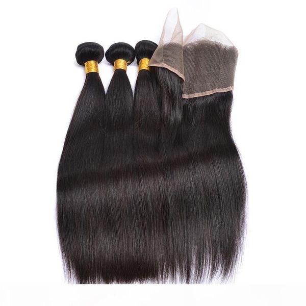

indian straight virgin hair 3 bundles wefts with 13x4 ear to ear lace frontal closure human hair extensions natural color ing, Black