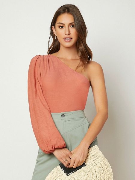 

one shoulder lantern sleeve 889z#, White
