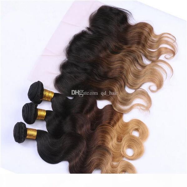 

dark root #1b 4 27 body wave hair bundles with lace frontal 13x4 ear to ear lace frontal with honey blonde hair extensions, Black
