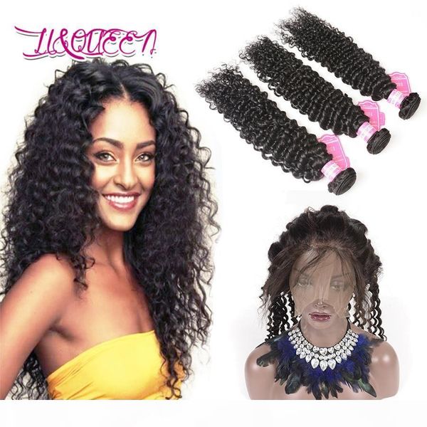 

virgin hair pre pluck 360 frontal with bundles peruvian deep wave 360 lace frontal with hair weft deep wave unprocessed human hair, Black;brown