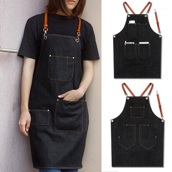 

denim apron strap bib apron barista bartender bbq chef uniform workwear lbshipping1