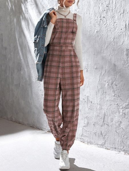 

plaid print corduroy pinafore jumpsuit x88s#, White