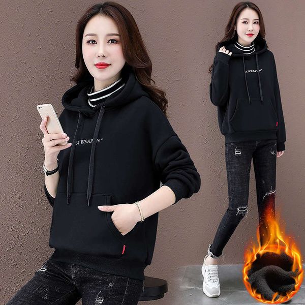 

2sf4bhooded thickened plush high collar short sweater autumn winter 2020 new korean loose foreign style coat women, Black