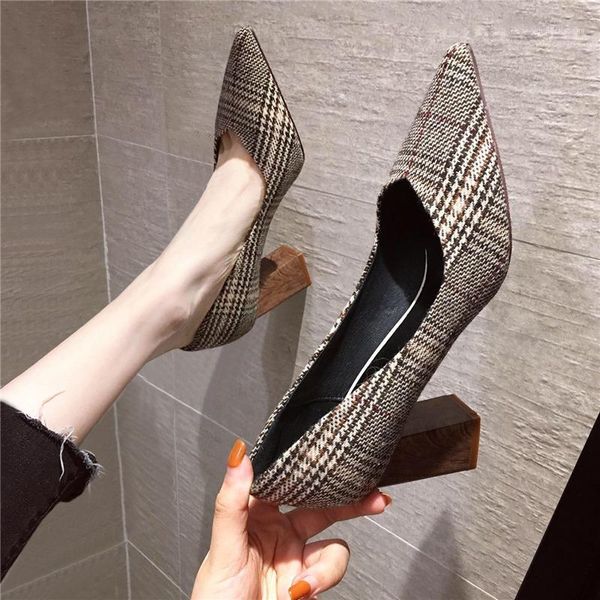 

dress shoes luxury woman thick with pointed fashion women's high heels plaid cloth wild small fresh single women pumps femme shoe lady1, Black
