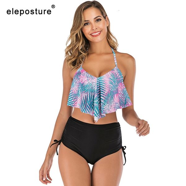 

ruffle bikinis women swimsuit 2020 high waist bikini swimwear print bathing suits summer beach wear swimming suit for women, Black