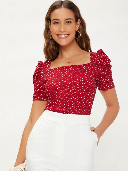 

puff sleeve allover heart print g5hn#, White