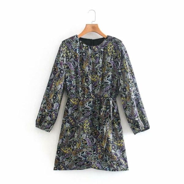 

spring new o neck floral waist dress women long sleeve above knee elegant mini party dress female casual street nx9926, Black;gray