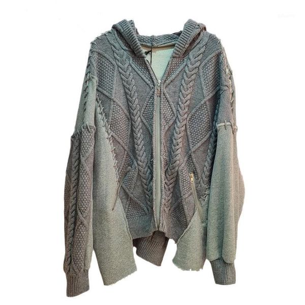 

women sweater irregular vintage hooded cardigans sweaters women patchwork gray white asymmetry knitting woman 2020 new1