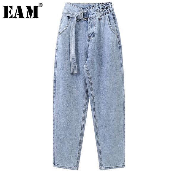 

[eam] wide leg light blue bandage long leisure jeans new high waist loose women trousers fashion tide spring autumn 1x232 201029