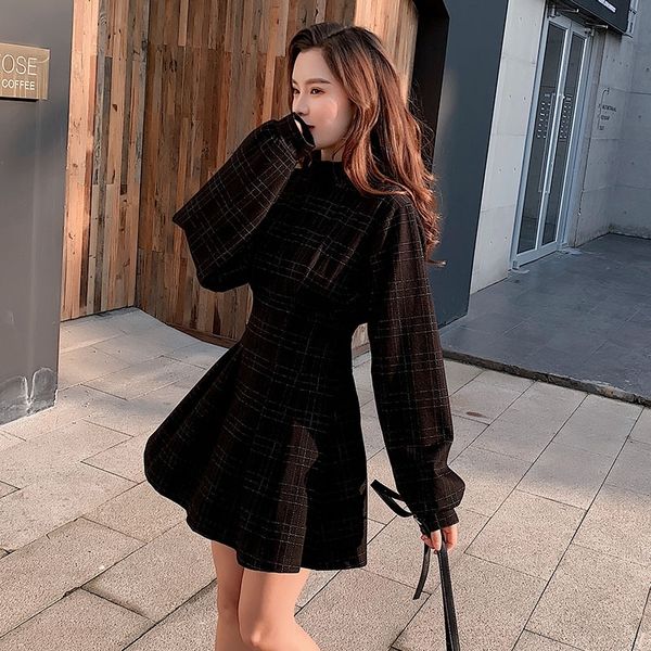 

eri8h dark elegant style figure formal waist small plaid dress small black dress yk2tb, Black;gray