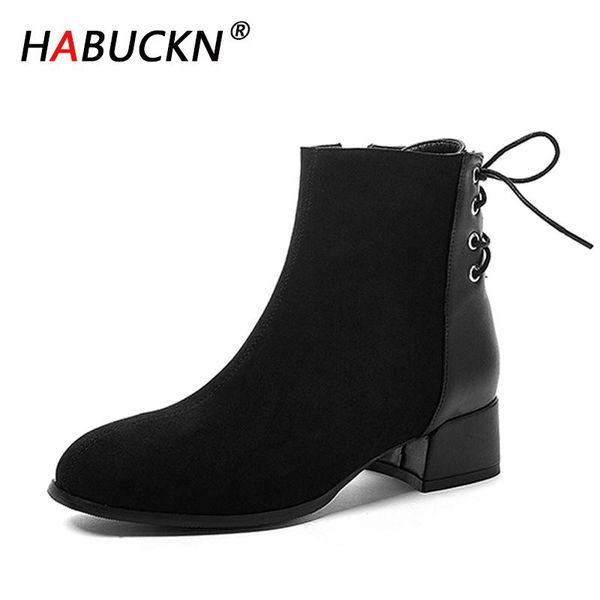 

habuckn 2020 new fashion wild zipper round head suede winter warm square head thickened high-heeled ladies handmade boots, Black