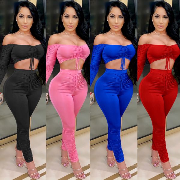 

autumn 2020 new pleated one shoulder drawstring pile up sleeve lace up women two piece set bodysuit leggings drawstring pants tracksuits, White