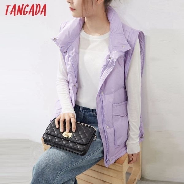 

tangada women purple oversize sleeveless parkas buttons winter female warm coat overcoat atp6 201102, Black;white