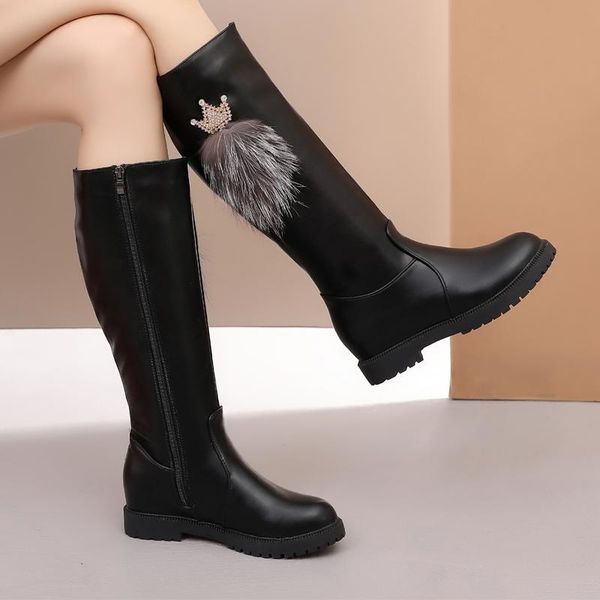

women boots over knee female shoes winter footwear zipper flat heel round toe over-the-knee ladies high heel 2020 med autumn, Black