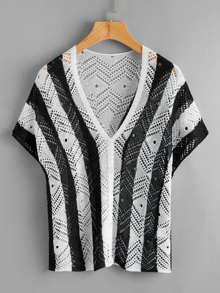 

two tone buttoned open knit cover up u3mw#, White;black